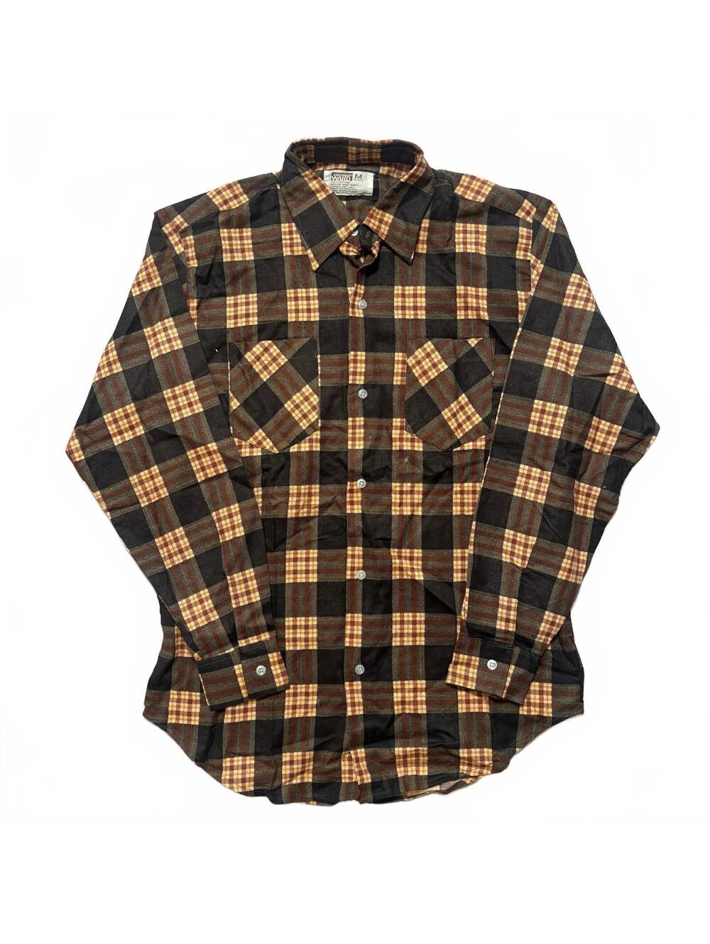 VTG 70s Montgomery Ward Brown Yellow Cotton Printed Plaid Button Up Shirt Mens M